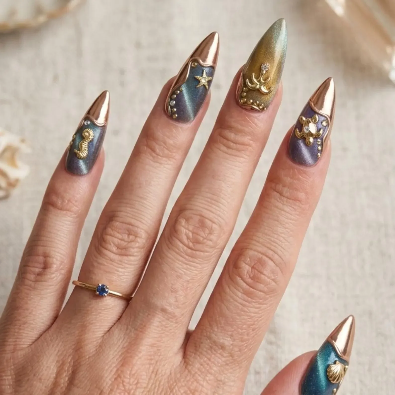 magnetic cat eye, sea charm nails, press on nails, custom press on nails, fake nails, Nails Art, stained glass nails, gold press on nails, 3d press on nails, luxury press on nails, handmade press on nails