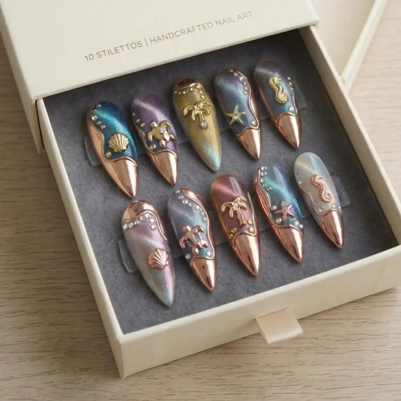 press on nails, ocean themed nails, custom press on nails, fake nails, Nails Art, stained glass nails, gold press on nails, 3d press on nails, luxury press on nails, handmade press on nails