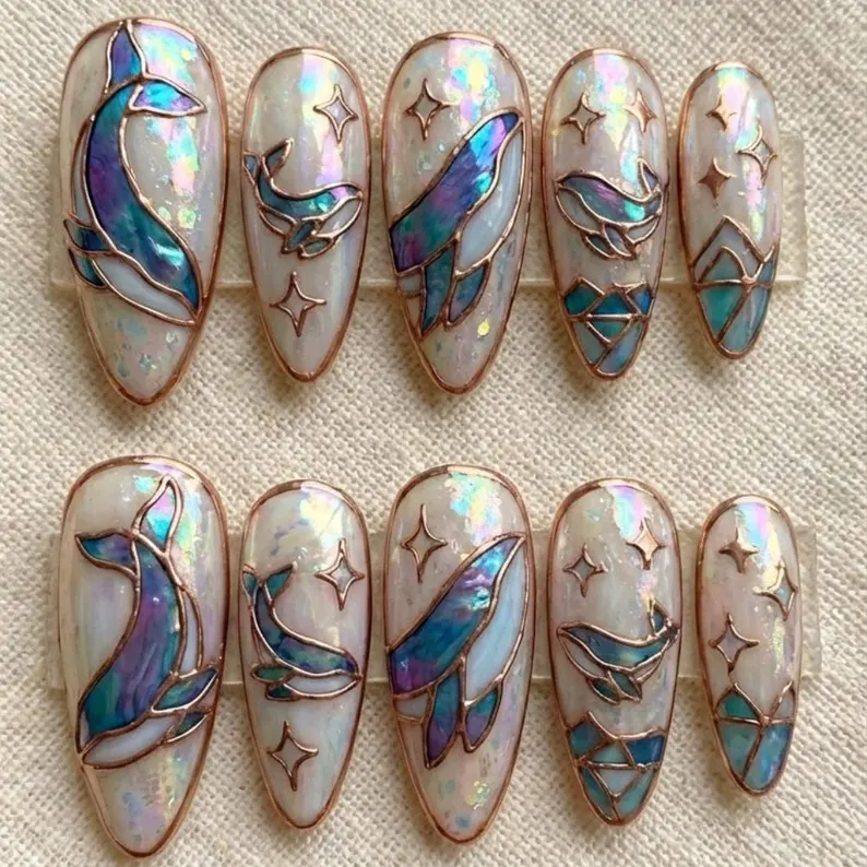 ocean whale nails, crystal stained glass, press on nails, custom press on nails, fake nails, Nails Art, stained glass nails, gold press on nails, 3d press on nails, luxury press on nails, handmade press on nails