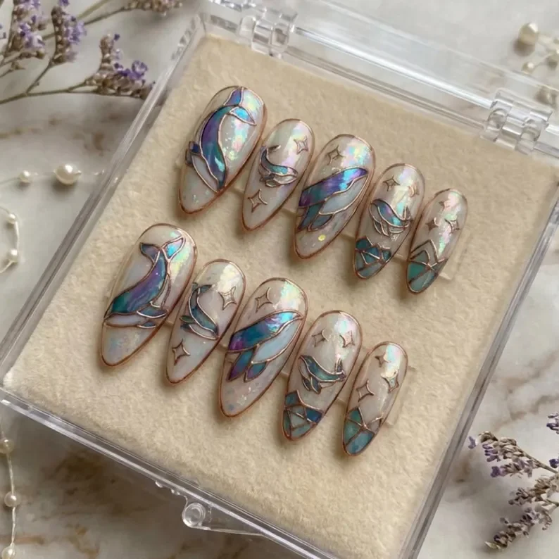 luxury press ons, ocean themed nails, press on nails, custom press on nails, fake nails, Nails Art, stained glass nails, gold press on nails, 3d press on nails, luxury press on nails, handmade press on nails