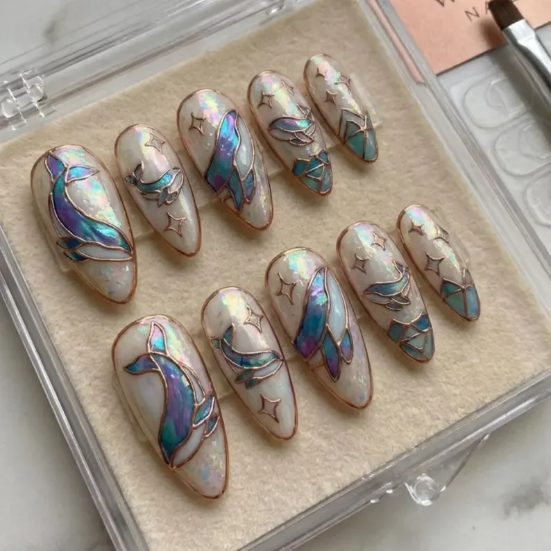 luxury press ons, ocean themed nails, press on nails, custom press on nails, fake nails, Nails Art, stained glass nails, gold press on nails, 3d press on nails, luxury press on nails, handmade press on nails