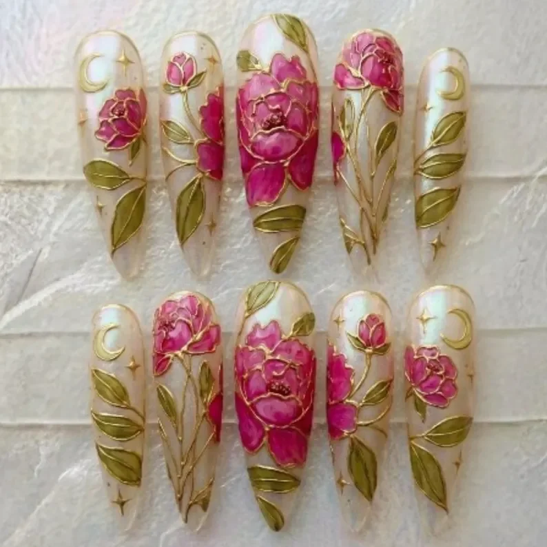 iridescent peony, moon art, press on nails, custom press on nails, fake nails, Nails Art, stained glass nails, gold press on nails, 3d press on nails, luxury press on nails, handmade press on nails