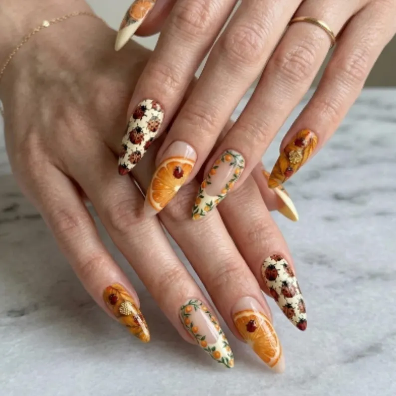 luxury nail art, summer fruit nails, press on nails, custom press on nails, fake nails, Nails Art, stained glass nails, gold press on nails, 3d press on nails, luxury press on nails, handmade press on nails