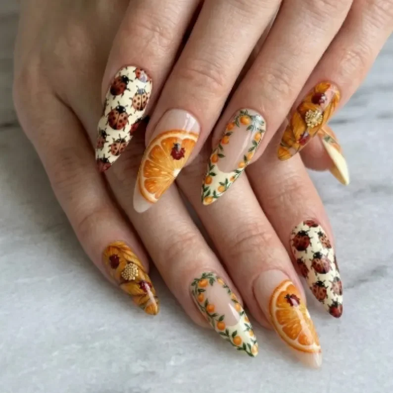 luxury nail art, summer fruit nails, press on nails, custom press on nails, fake nails, Nails Art, stained glass nails, gold press on nails, 3d press on nails, luxury press on nails, handmade press on nails