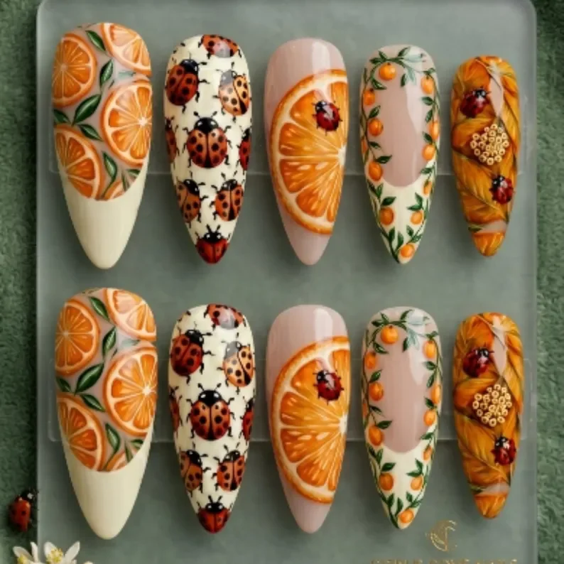 orange themed nails, ladybug nail art, press on nails, custom press on nails, fake nails, Nails Art, stained glass nails, gold press on nails, 3d press on nails, luxury press on nails, handmade press on nails