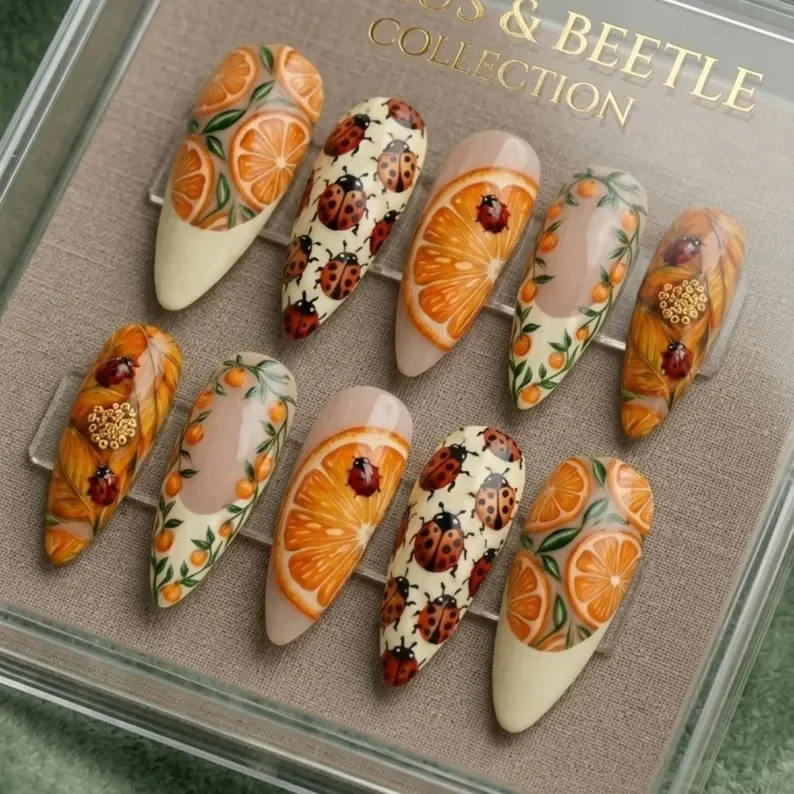 orange slice nails, ladybug press on, press on nails, custom press on nails, fake nails, Nails Art, stained glass nails, gold press on nails, 3d press on nails, luxury press on nails, handmade press on nails