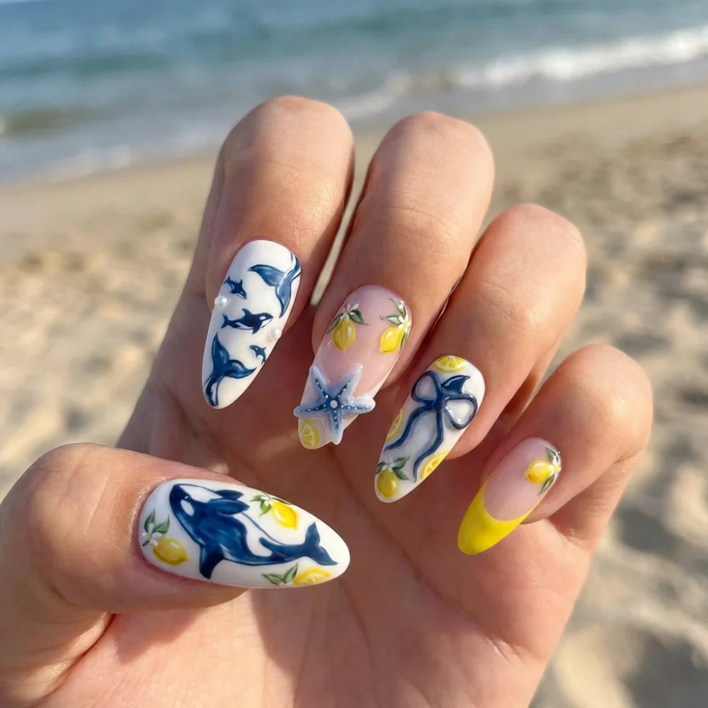 orca lemon press on nails, 3D starfish nail art, press on nails, custom press on nails, fake nails, Nails Art, stained glass nails, gold press on nails, 3d press on nails, luxury press on nails, handmade press on nails