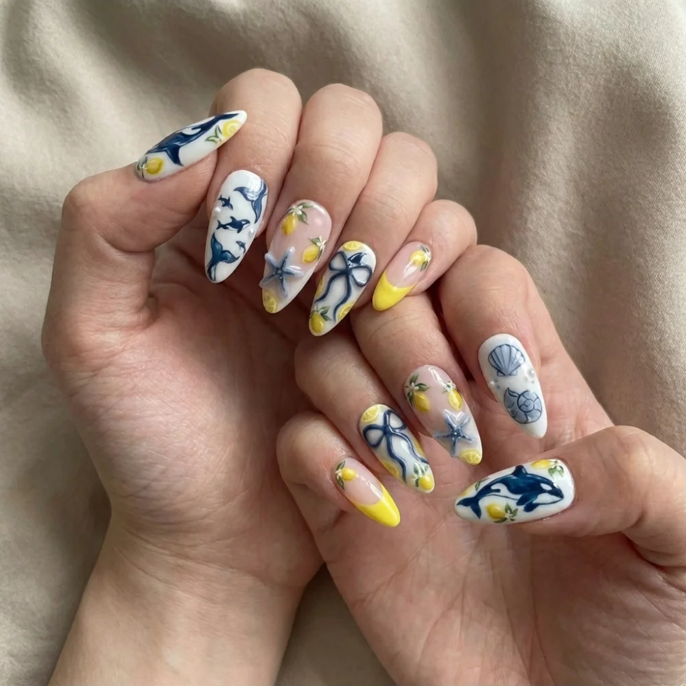 seashell nail art, nautical summer nails, press on nails, custom press on nails, fake nails, Nails Art, stained glass nails, gold press on nails, 3d press on nails, luxury press on nails, handmade press on nails