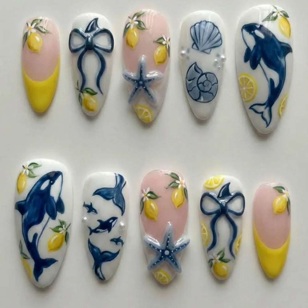 coquette beach nails, navy blue yellow nails, press on nails, custom press on nails, fake nails, Nails Art, stained glass nails, gold press on nails, 3d press on nails, luxury press on nails, handmade press on nails