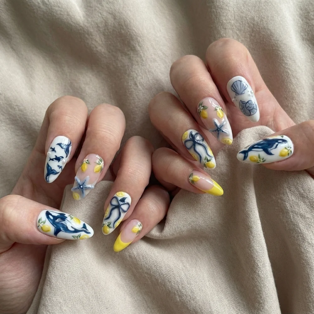 handmade glue on nails, summer ocean nails, press on nails, custom press on nails, fake nails, Nails Art, stained glass nails, gold press on nails, 3d press on nails, luxury press on nails, handmade press on nails