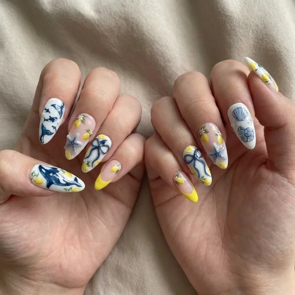 orca lemon press on nails, 3D starfish nail art, press on nails, custom press on nails, fake nails, Nails Art, stained glass nails, gold press on nails, 3d press on nails, luxury press on nails, handmade press on nails