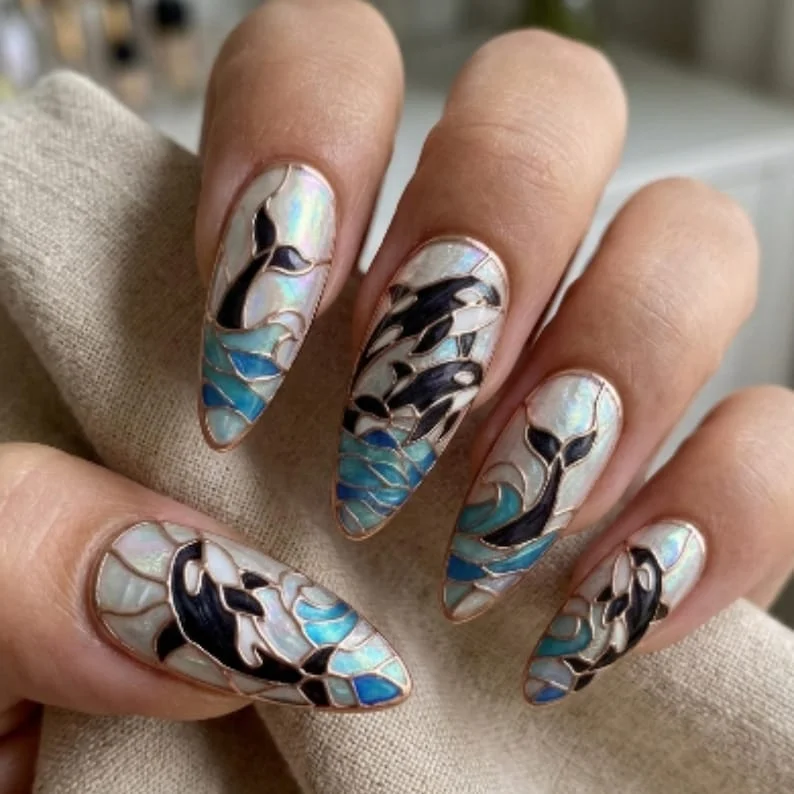orca stained glass, press on nails, custom press on nails, fake nails, Nails Art, stained glass nails, gold press on nails, 3d press on nails, luxury press on nails, handmade press on nails
