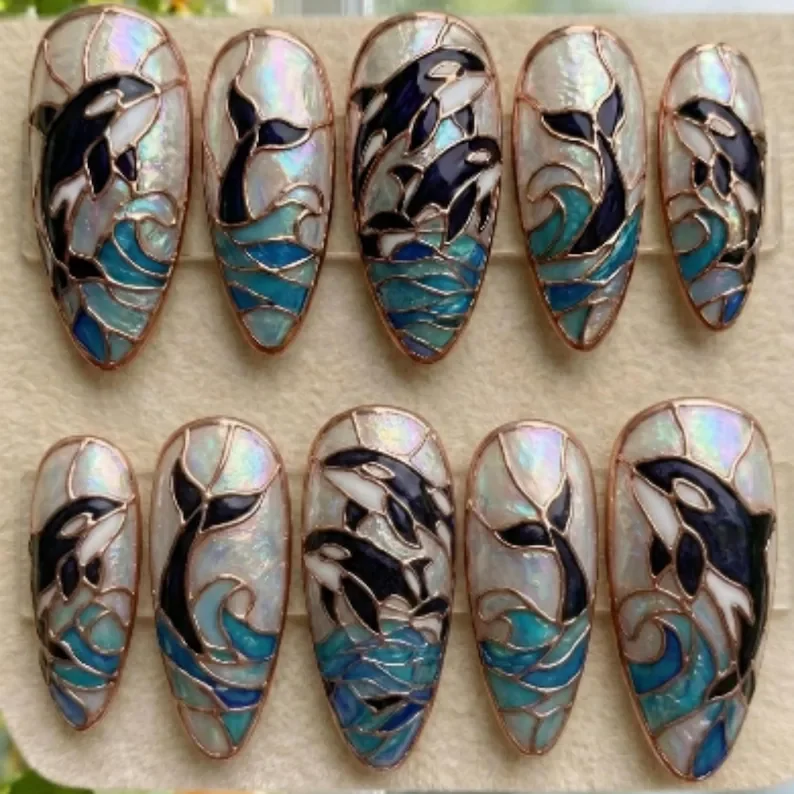 ocean waves, nail art, press on nails, custom press on nails, fake nails, Nails Art, stained glass nails, gold press on nails, 3d press on nails, luxury press on nails, handmade press on nails