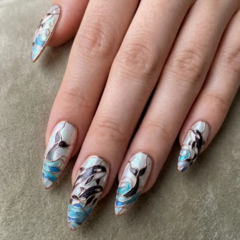 iridescent iridescence, ocean wave nails, press on nails, custom press on nails, fake nails, Nails Art, stained glass nails, gold press on nails, 3d press on nails, luxury press on nails, handmade press on nails