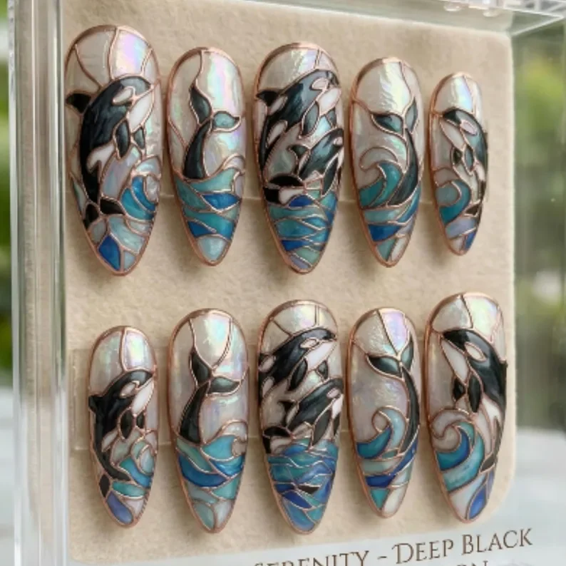 orca stained glass, press on nails, custom press on nails, fake nails, Nails Art, stained glass nails, gold press on nails, 3d press on nails, luxury press on nails, handmade press on nails