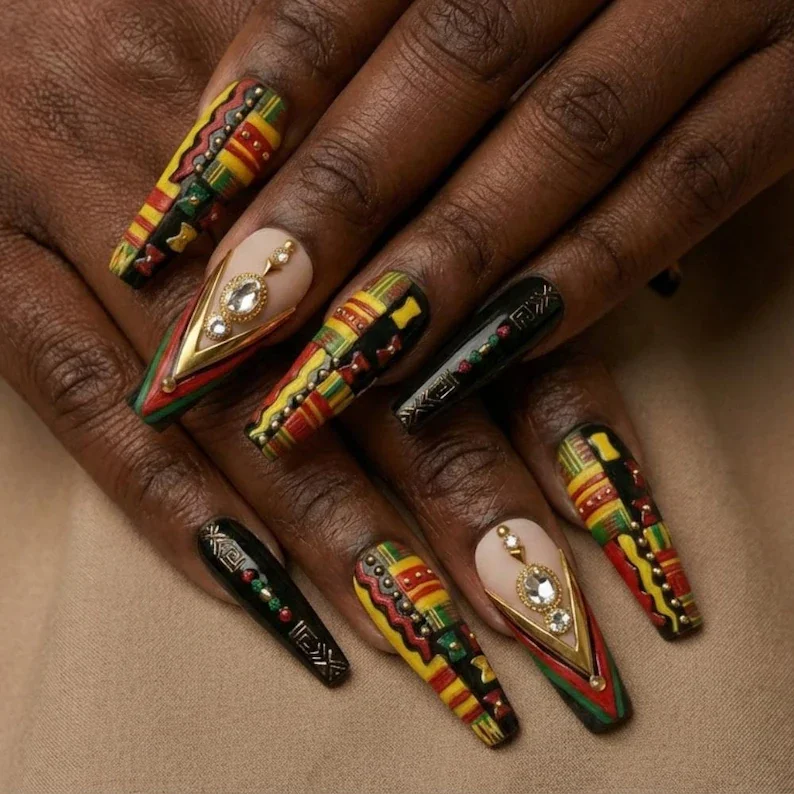 Pan-African tribal, Black pride nails, press on nails, custom press on nails, fake nails, Nails Art, stained glass nails, gold press on nails, 3d press on nails, luxury press on nails, handmade press on nails