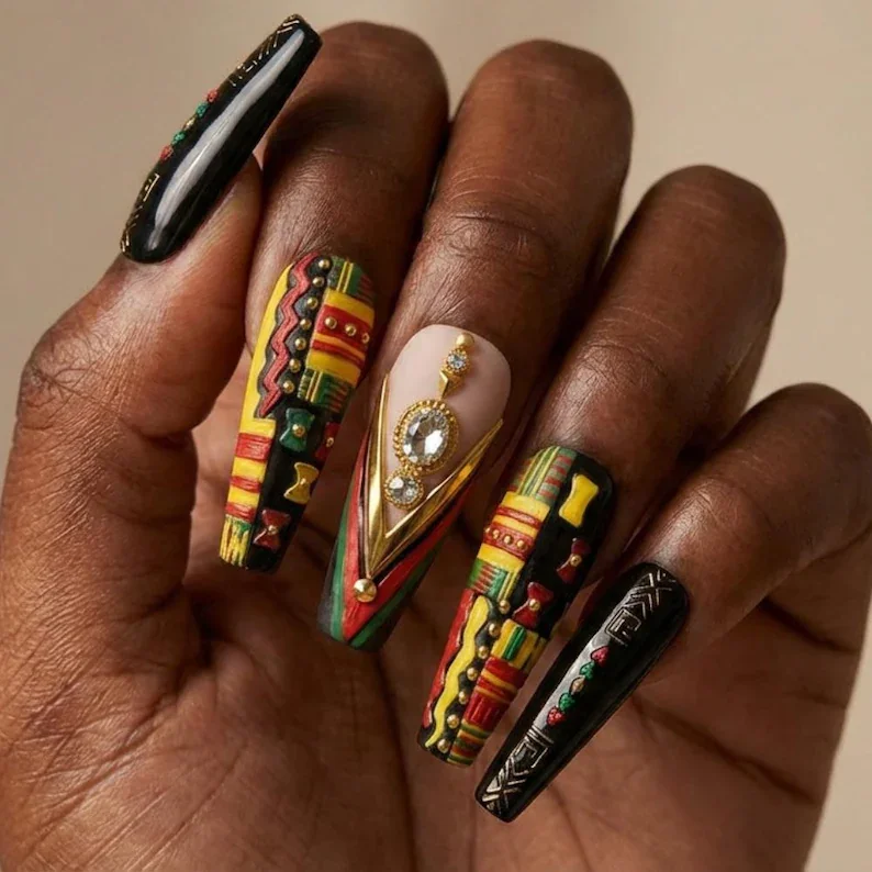 BHM nail art, Tribal nail design, press on nails, custom press on nails, fake nails, Nails Art, stained glass nails, gold press on nails, 3d press on nails, luxury press on nails, handmade press on nails