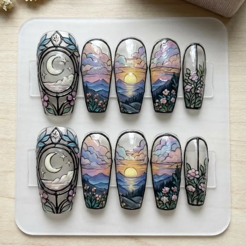 press on nails, 3D hand painted, custom press on nails, fake nails, Nails Art, stained glass nails, gold press on nails, 3d press on nails, luxury press on nails, handmade press on nails