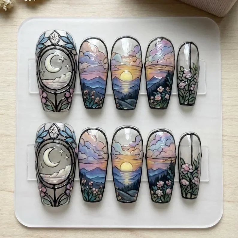 panoramic landscape nails, sunset stained glass, press on nails, custom press on nails, fake nails, Nails Art, stained glass nails, gold press on nails, 3d press on nails, luxury press on nails, handmade press on nails