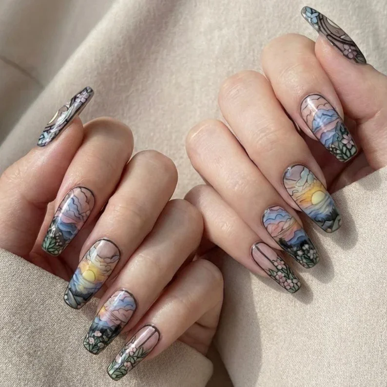 moon and stars, art design nails, press on nails, custom press on nails, fake nails, Nails Art, stained glass nails, gold press on nails, 3d press on nails, luxury press on nails, handmade press on nails