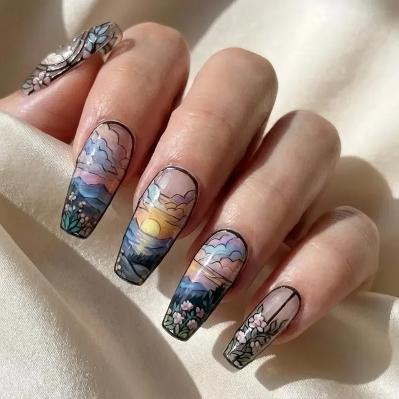 stained glass manicure, panoramic sunset nails, press on nails, custom press on nails, fake nails, Nails Art, stained glass nails, gold press on nails, 3d press on nails, luxury press on nails, handmade press on nails