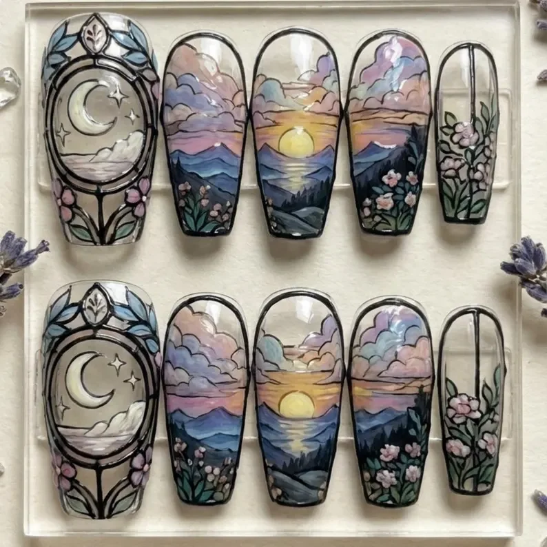 panoramic landscape nails, sunset stained glass, press on nails, custom press on nails, fake nails, Nails Art, stained glass nails, gold press on nails, 3d press on nails, luxury press on nails, handmade press on nails