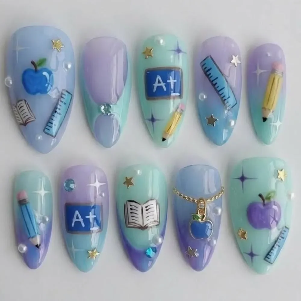 Pastel press on nails, Back to school nails, press on nails, custom press on nails, fake nails, Nails Art, stained glass nails, gold press on nails, 3d press on nails, luxury press on nails, handmade press on nails