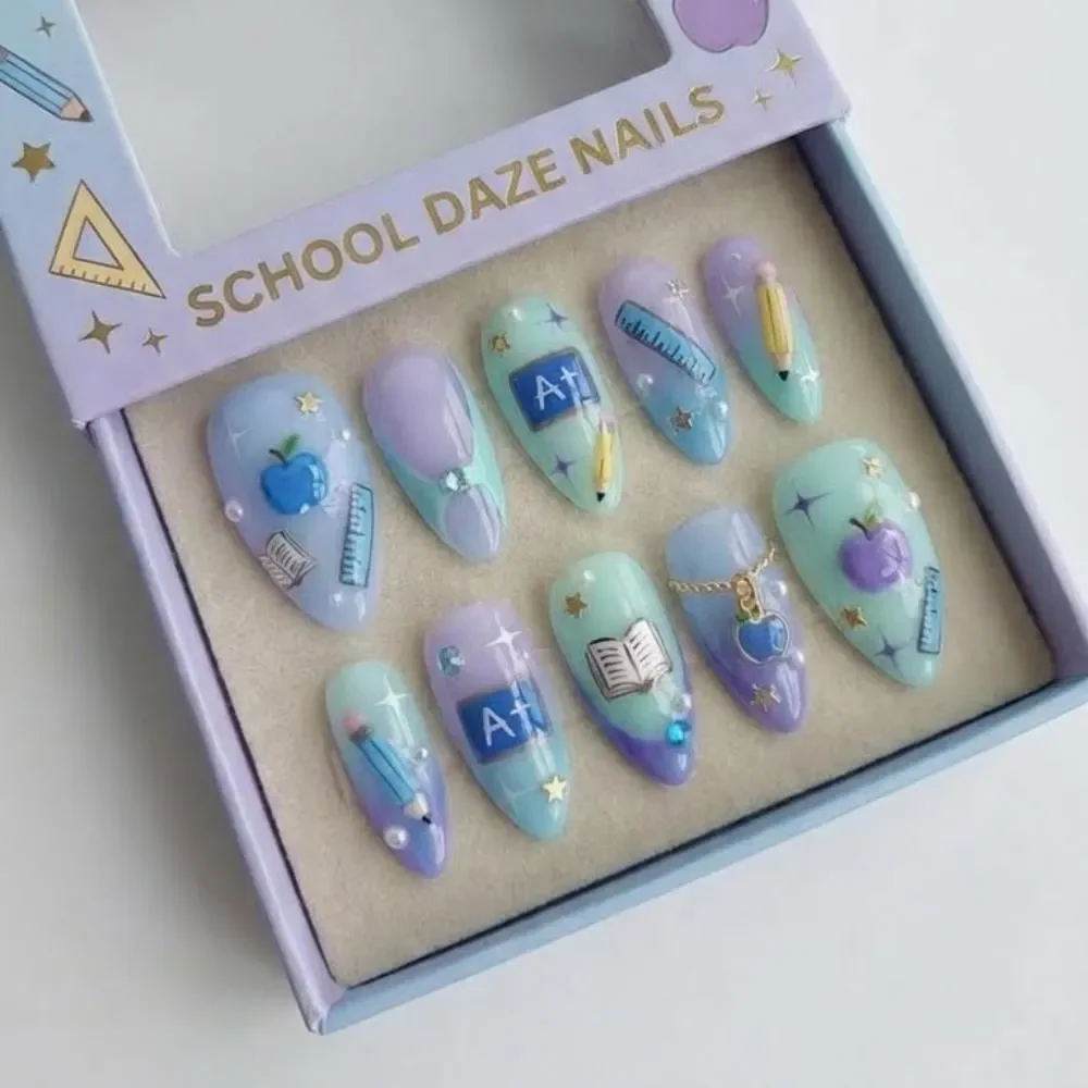 3D nail art, Apple pencil nails, press on nails, custom press on nails, fake nails, Nails Art, stained glass nails, gold press on nails, 3d press on nails, luxury press on nails, handmade press on nails