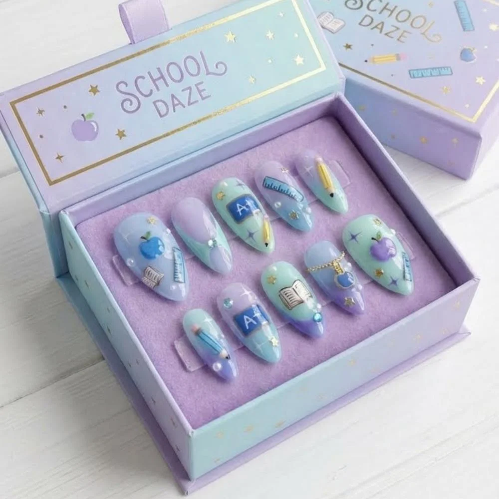 Student themed nails, Pastel nail design, press on nails, custom press on nails, fake nails, Nails Art, stained glass nails, gold press on nails, 3d press on nails, luxury press on nails, handmade press on nails