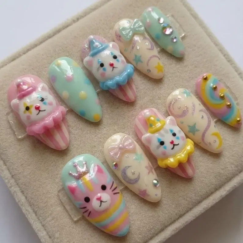 pastel circus dreams, 3D clown nails, press on nails, custom press on nails, fake nails, Nails Art, stained glass nails, gold press on nails, 3d press on nails, luxury press on nails, handmade press on nails