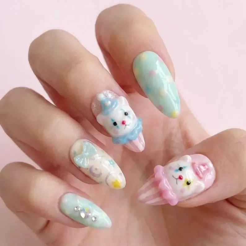 clown cat press-on, kawaii nail art, press on nails, custom press on nails, fake nails, Nails Art, stained glass nails, gold press on nails, 3d press on nails, luxury press on nails, handmade press on nails