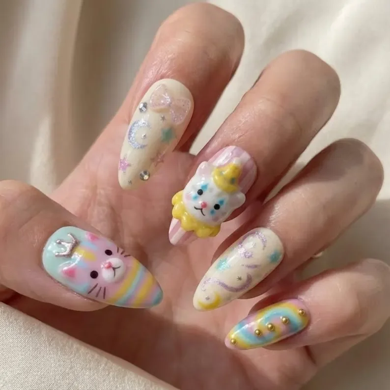 dreamy moon stars, press-on nails, press on nails, custom press on nails, fake nails, Nails Art, stained glass nails, gold press on nails, 3d press on nails, luxury press on nails, handmade press on nails