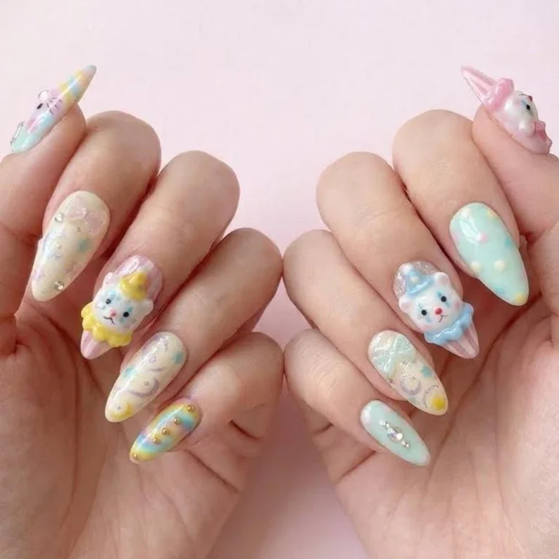 pastel circus dreams, 3D clown nails, press on nails, custom press on nails, fake nails, Nails Art, stained glass nails, gold press on nails, 3d press on nails, luxury press on nails, handmade press on nails