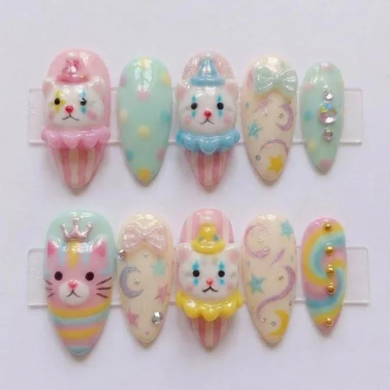 clown cat press-on, kawaii nail art, press on nails, custom press on nails, fake nails, Nails Art, stained glass nails, gold press on nails, 3d press on nails, luxury press on nails, handmade press on nails