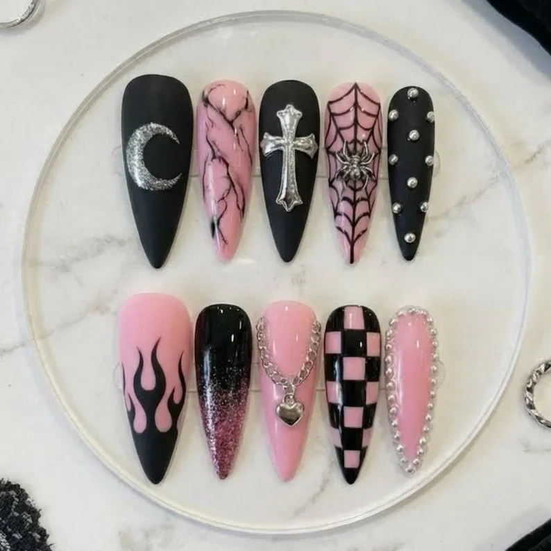 pastel goth nails, press on nails, custom press on nails, fake nails, Nails Art, stained glass nails, gold press on nails, 3d press on nails, luxury press on nails, handmade press on nails