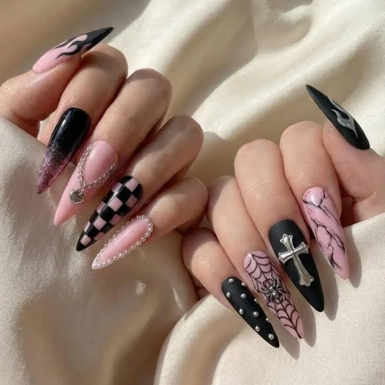 pink black y2k, grunge nail set, press on nails, custom press on nails, fake nails, Nails Art, stained glass nails, gold press on nails, 3d press on nails, luxury press on nails, handmade press on nails