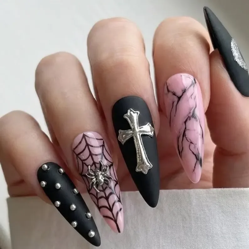 silver cross charms, spider nail charms, press on nails, custom press on nails, fake nails, Nails Art, stained glass nails, gold press on nails, 3d press on nails, luxury press on nails, handmade press on nails