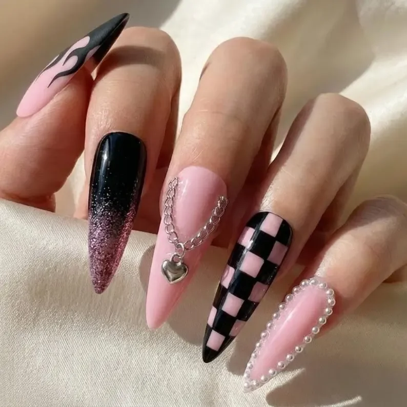 y2k grunge style, gothic nail art, press on nails, custom press on nails, fake nails, Nails Art, stained glass nails, gold press on nails, 3d press on nails, luxury press on nails, handmade press on nails
