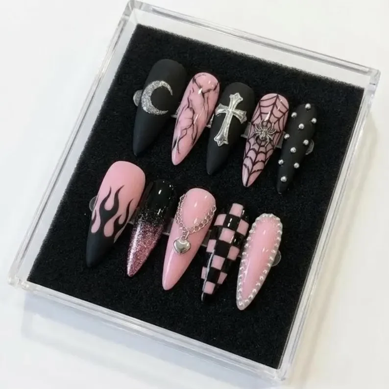 pastel goth nails, press on nails, custom press on nails, fake nails, Nails Art, stained glass nails, gold press on nails, 3d press on nails, luxury press on nails, handmade press on nails