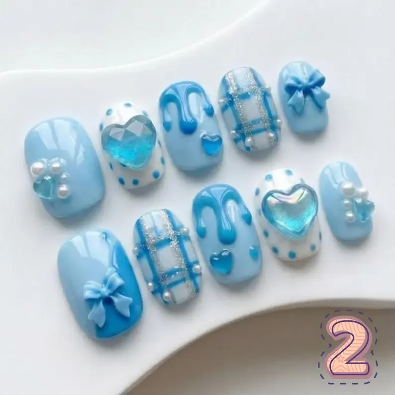 kawaii heart bow, 3D syrup nails, press on nails, custom press on nails, fake nails, Nails Art, stained glass nails, gold press on nails, 3d press on nails, luxury press on nails, handmade press on nails