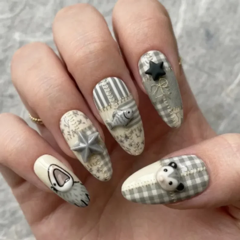 patchwork possum, hand-painted 3d, press on nails, custom press on nails, fake nails, Nails Art, stained glass nails, gold press on nails, 3d press on nails, luxury press on nails, handmade press on nails