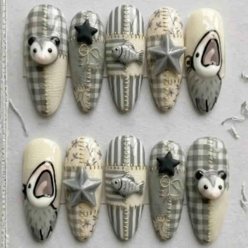 patchwork possum, hand-painted 3d, press on nails, custom press on nails, fake nails, Nails Art, stained glass nails, gold press on nails, 3d press on nails, luxury press on nails, handmade press on nails