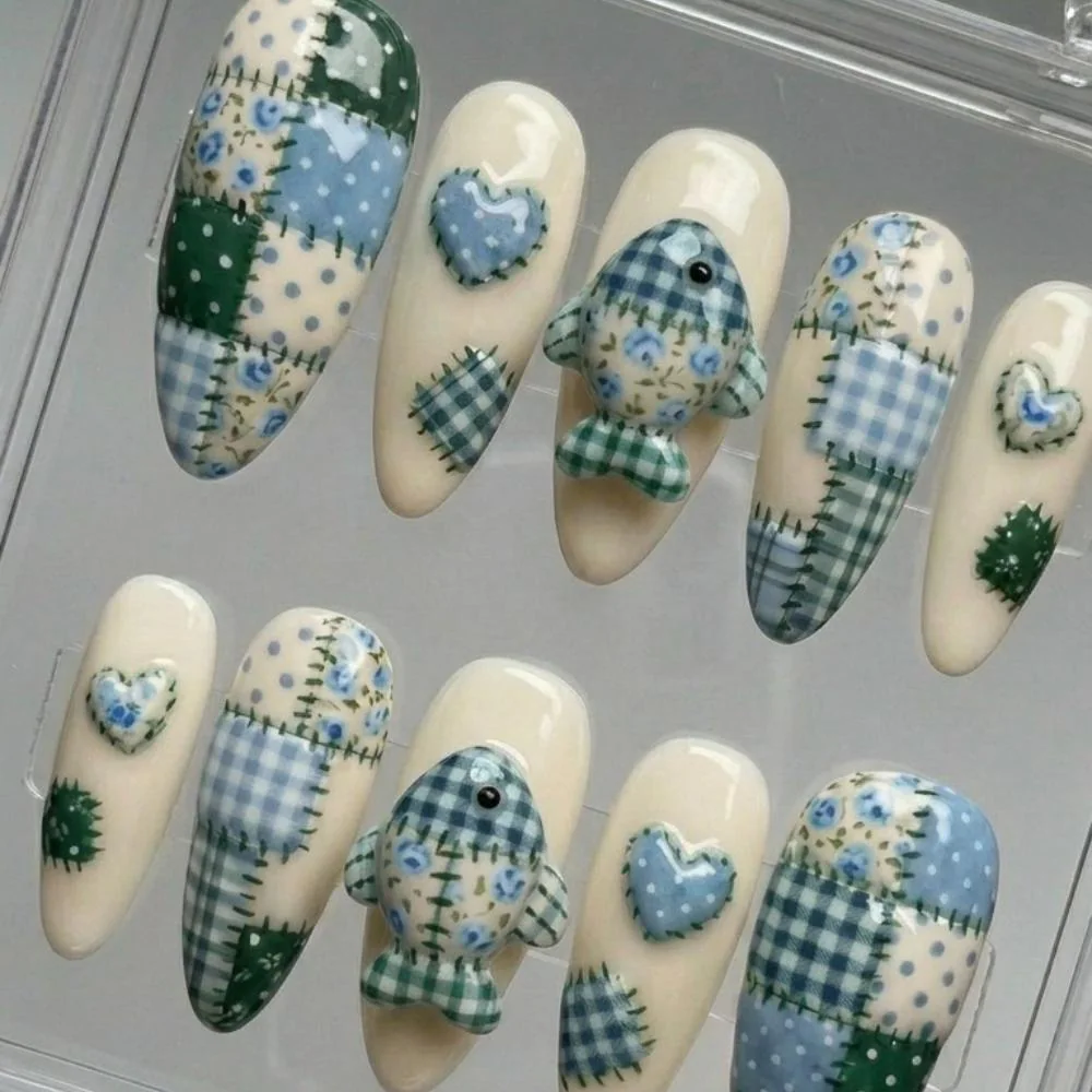 patchwork press on nails, blue green quilt, press on nails, custom press on nails, fake nails, Nails Art, stained glass nails, gold press on nails, 3d press on nails, luxury press on nails, handmade press on nails