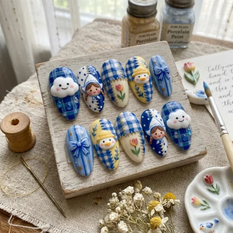 hand-painted nails, kawaii blue gingham, press on nails, custom press on nails, fake nails, Nails Art, stained glass nails, gold press on nails, 3d press on nails, luxury press on nails, handmade press on nails