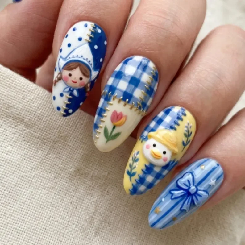 hand-painted nails, kawaii blue gingham, press on nails, custom press on nails, fake nails, Nails Art, stained glass nails, gold press on nails, 3d press on nails, luxury press on nails, handmade press on nails