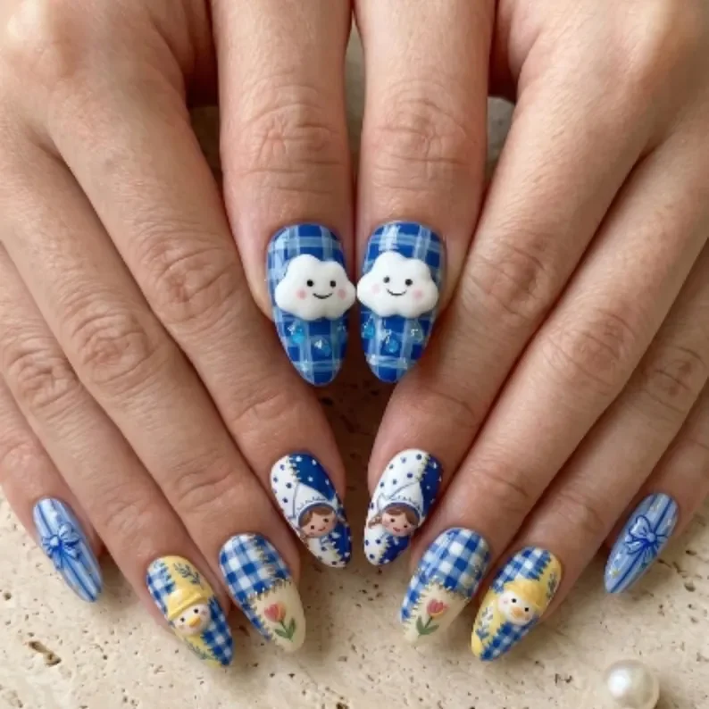press on nail kit, blue gingham nails, press on nails, custom press on nails, fake nails, Nails Art, stained glass nails, gold press on nails, 3d press on nails, luxury press on nails, handmade press on nails