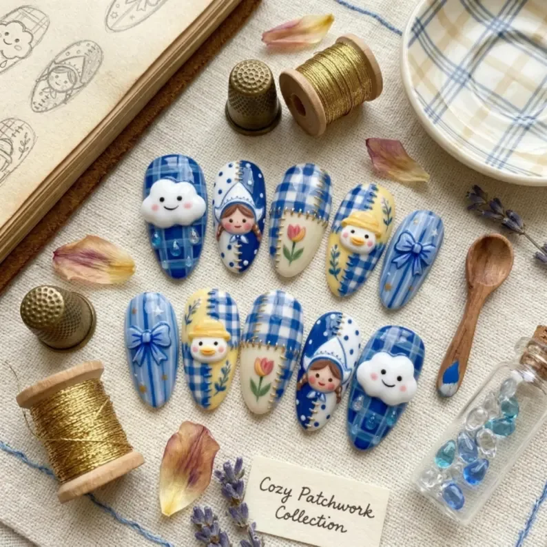 patchwork storybook, 3D press on nails, press on nails, custom press on nails, fake nails, Nails Art, stained glass nails, gold press on nails, 3d press on nails, luxury press on nails, handmade press on nails
