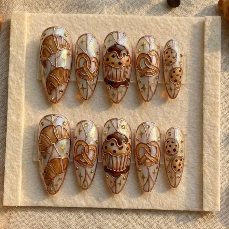 stained glass nails, bakery press on, press on nails, custom press on nails, fake nails, Nails Art, gold press on nails, 3d press on nails, luxury press on nails, handmade press on nails