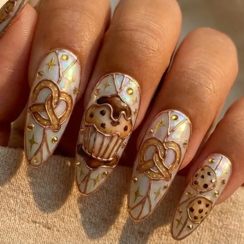 patisserie nails, croissant nails, press on nails, custom press on nails, fake nails, Nails Art, stained glass nails, gold press on nails, 3d press on nails, luxury press on nails, handmade press on nails