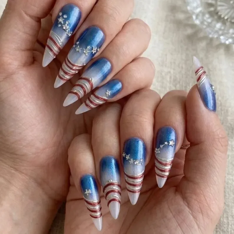 Reusable press on, Red white blue nails, press on nails, custom press on nails, fake nails, Nails Art, stained glass nails, gold press on nails, 3d press on nails, luxury press on nails, handmade press on nails